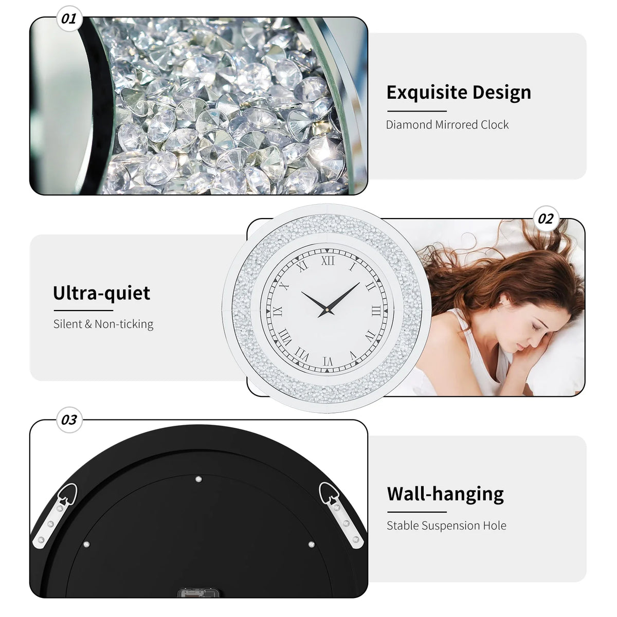 Crystal Sparkle Mirrored Wall Clock With Twinkle Diamond Accents