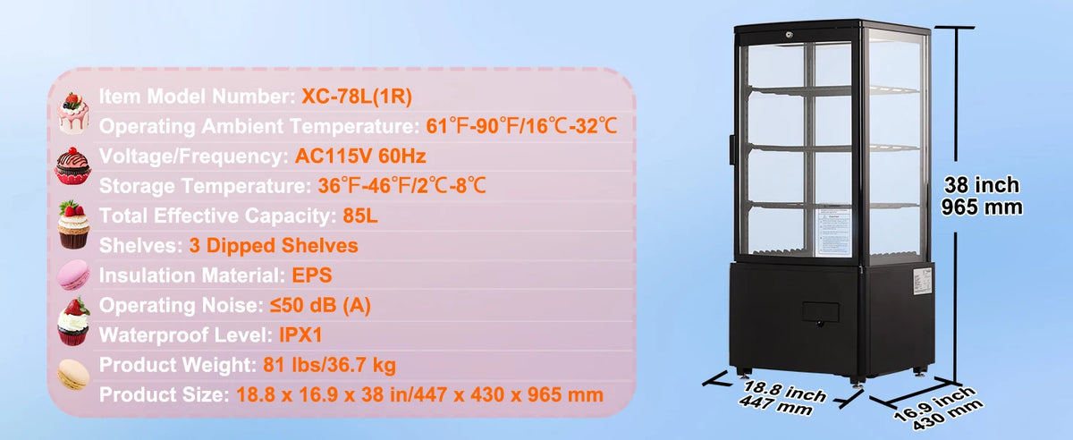 SucceBuy Refrigerated Pastry Display Case With LED Frost-Free Cooling