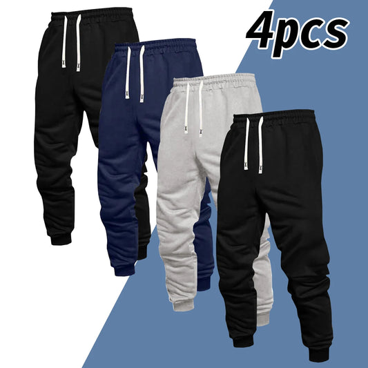 Men's 4-piece casual pants, solid color sports pants, and ankle tied outdoor jogging pants can be worn all year round