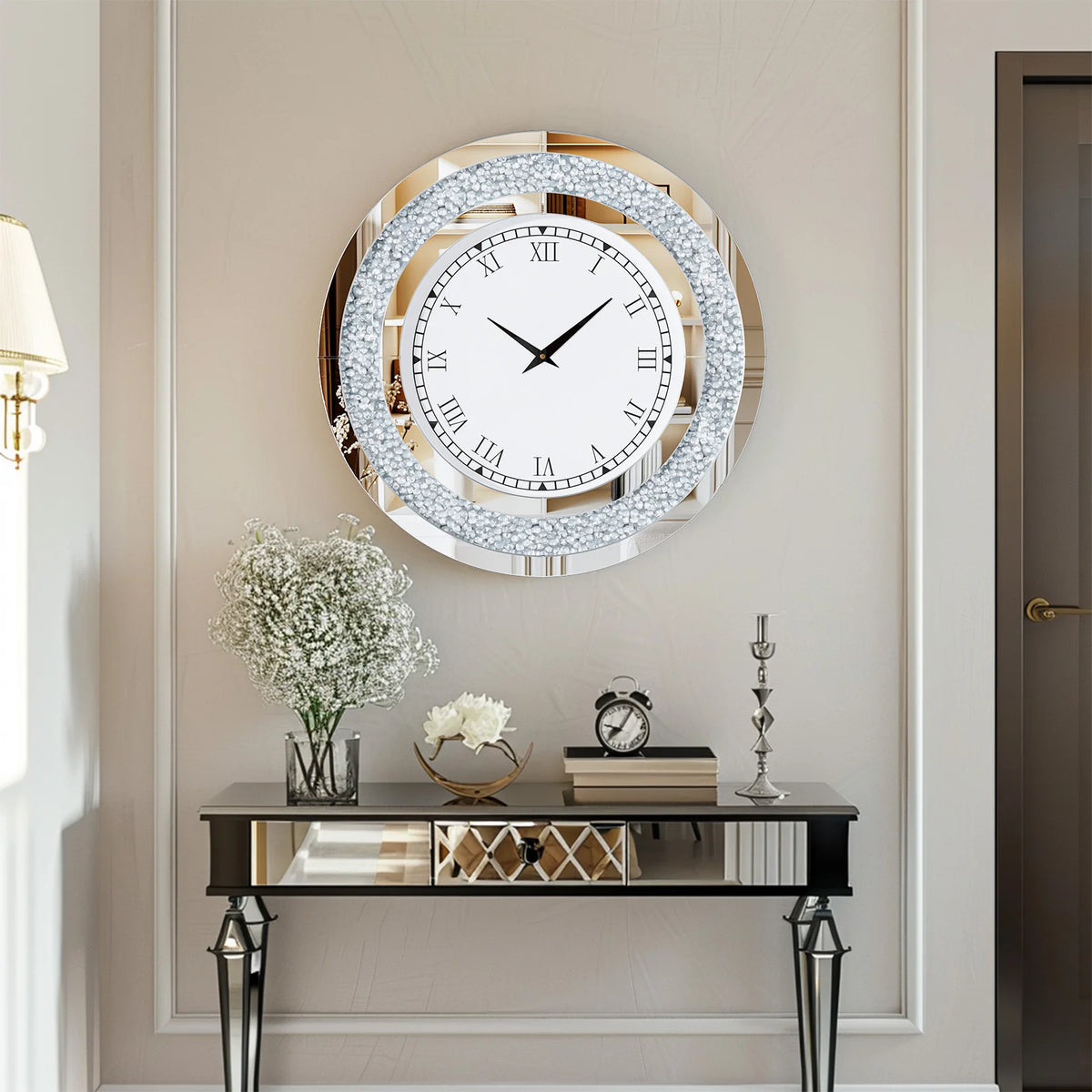 Crystal Sparkle Mirrored Wall Clock With Twinkle Diamond Accents