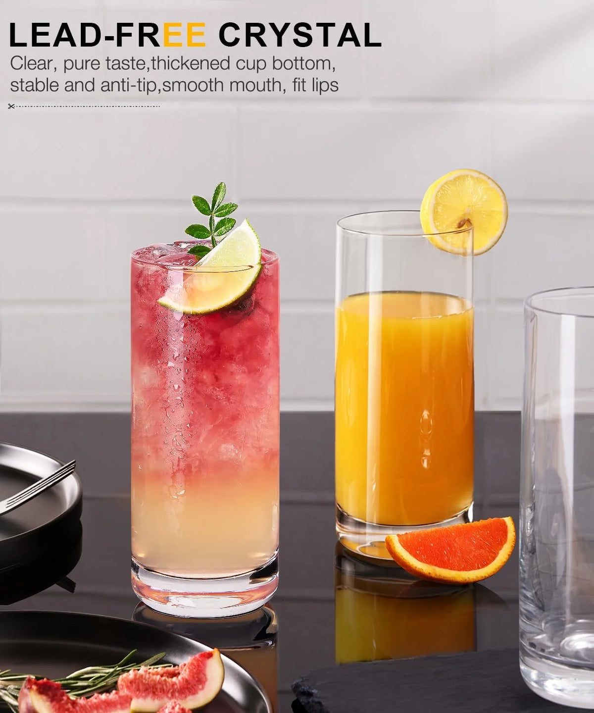 Crystal Highball Drinking Glasses for Cocktails, Juice and Whiskey
