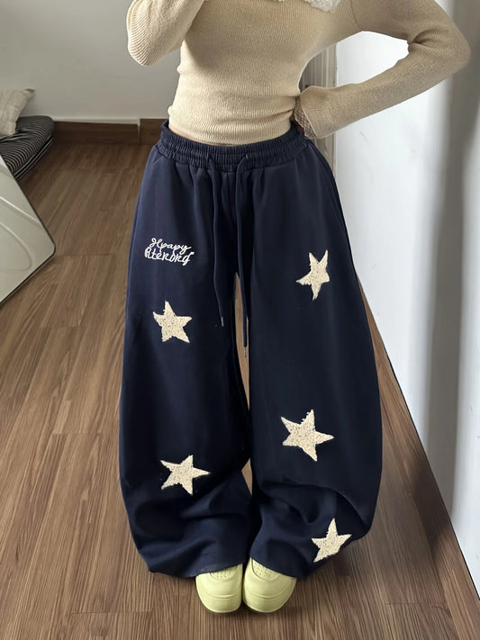 Women's Street Style Casual Sweatpants with Star Print  Arrivals for Spring Fleece Loose Fit Streetwear Oversized