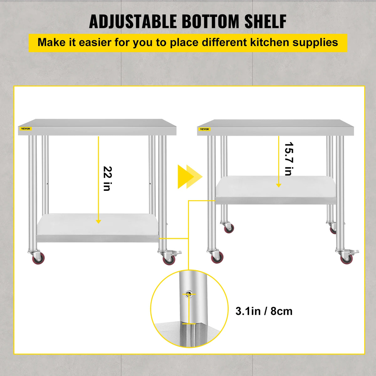 SucceBuy Stainless Steel Prep Table With Shelf Casters And Backsplash