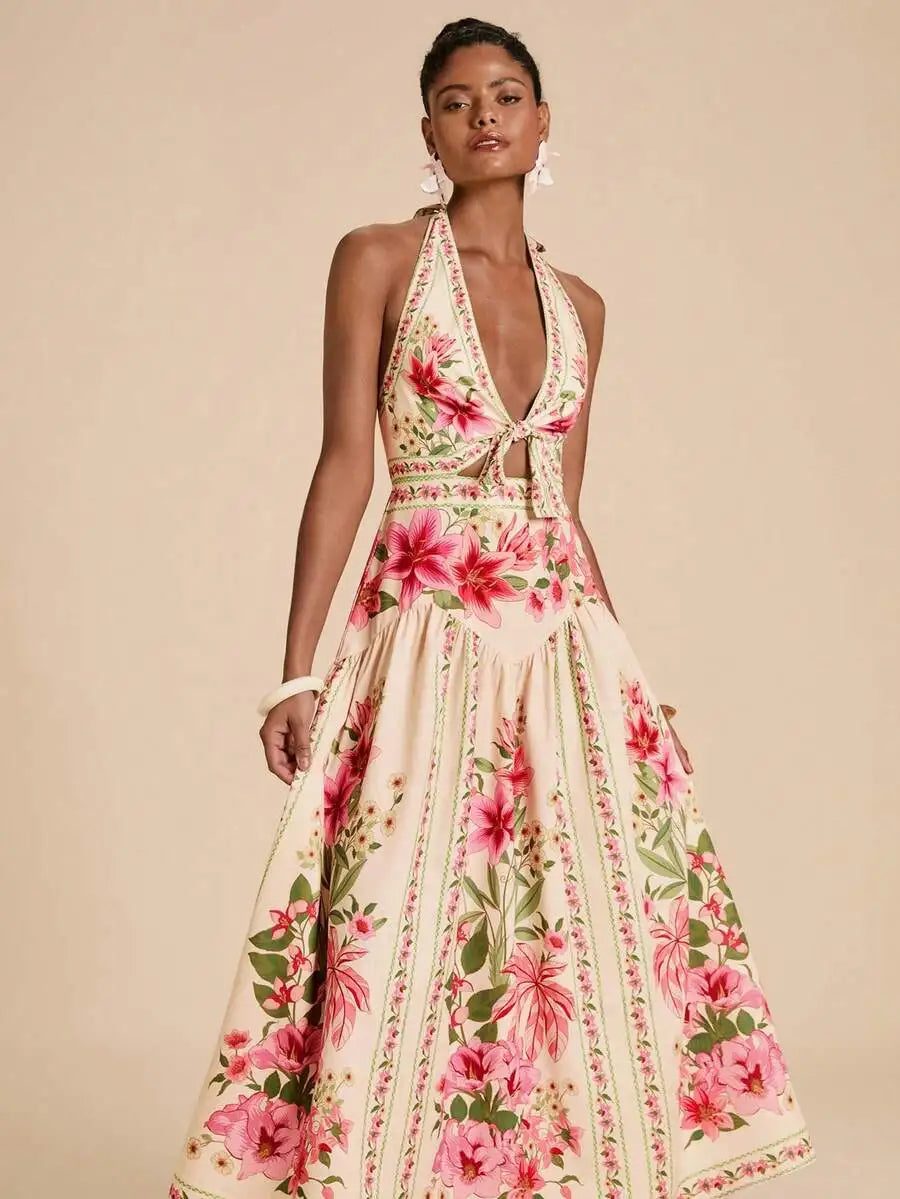Womens Floral Print Halter Backless Summer Vacation Dress