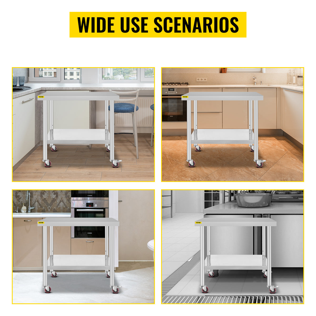 SucceBuy Stainless Steel Prep Table With Shelf Casters And Backsplash